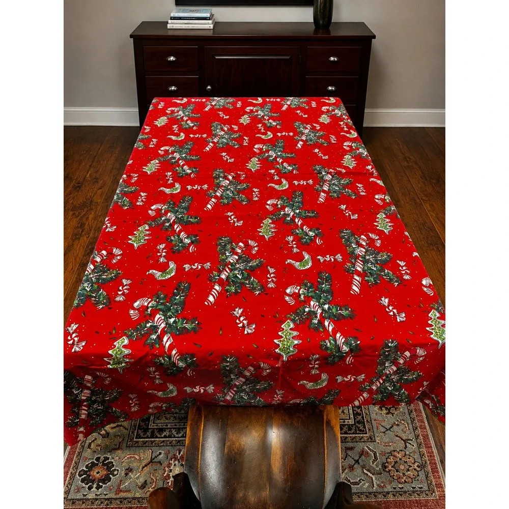 Vintage Christmas Tablecloth Red Candy Cane Evergreen Green Rickrack 50x84